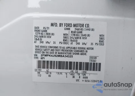 2021 Ford Edge Sel z USA, uszkodzony, nr VIN 2FMPK4J92MBA34325